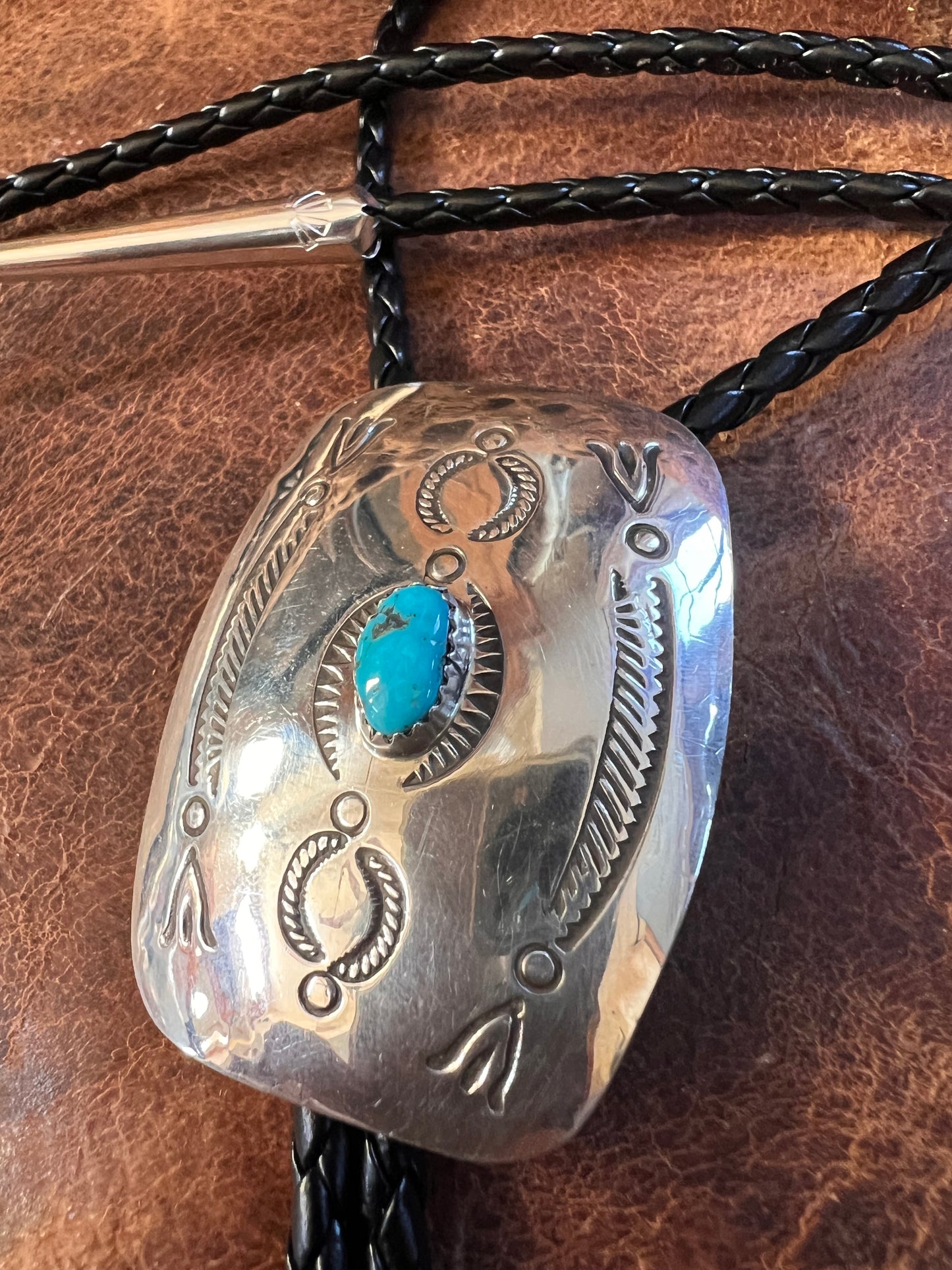 Navajo Handmade Rectangle Sterling Concho with Kingman Turquoise Bolo Necklace by Joann Begay
