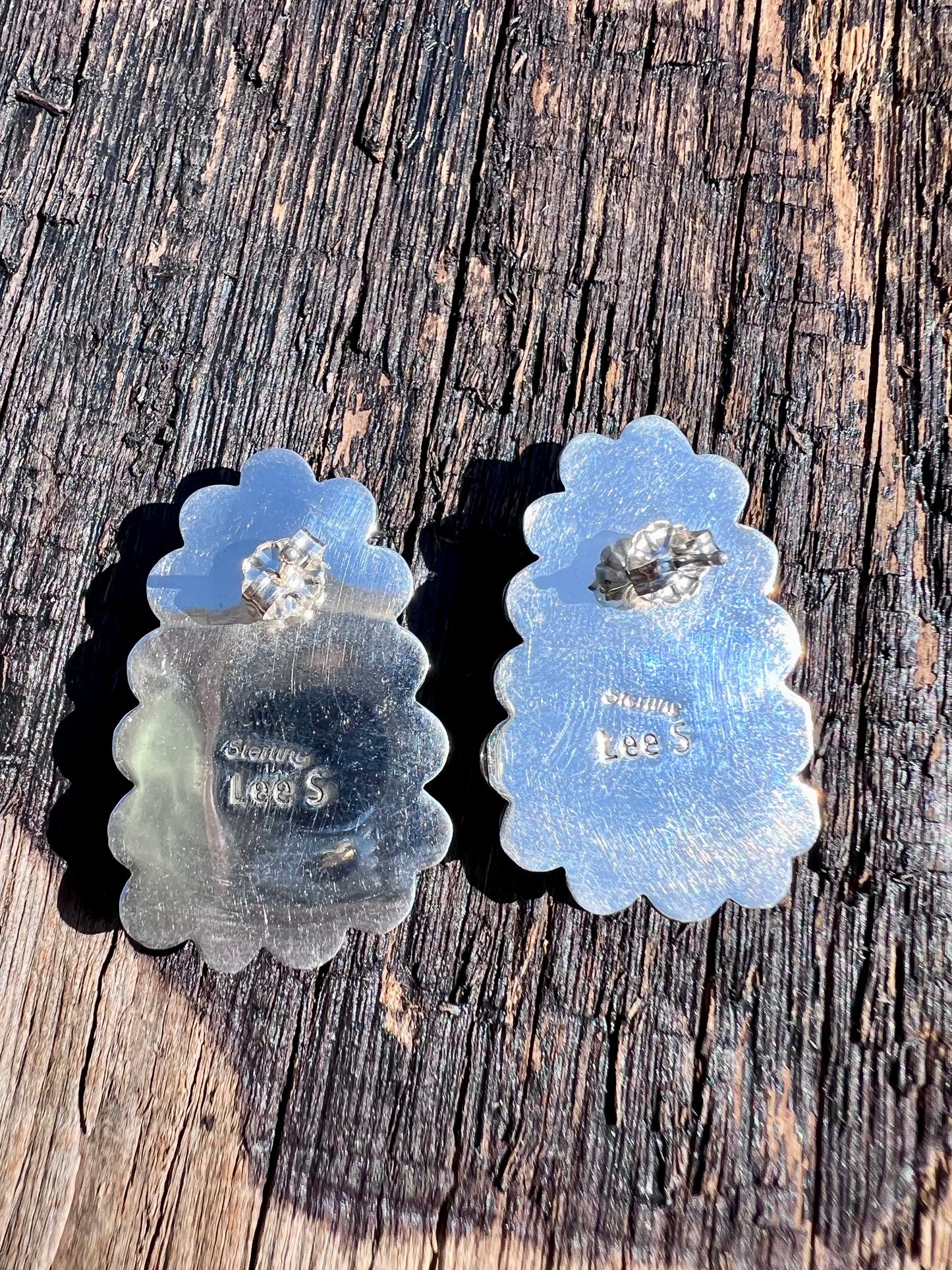 Native American Handmade Sterling & Carico Lake Turquoise Post Earrings 1 3/8” x 7/8”
