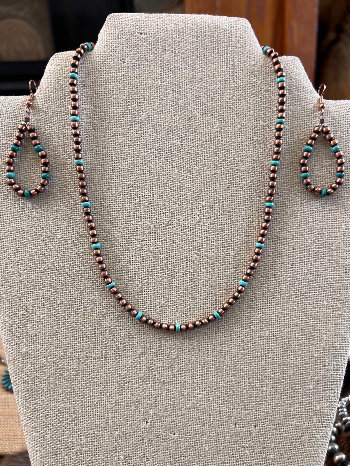 Genuine Oxidized Copper & Campitos Turquoise 4mm Bead Necklace 16”-18” & Earrings 2 1/4”