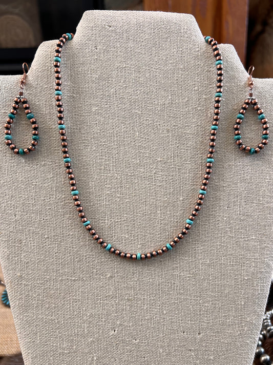 Genuine Oxidized Copper & Campitos Turquoise 4mm Bead Necklace 16”-18” & Earrings 2 1/4”