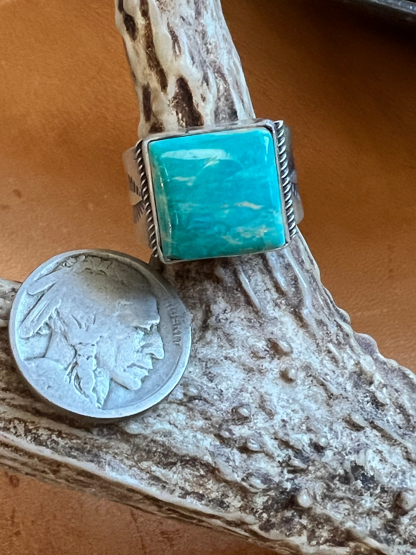 Handmade By Ray Bennett. Sterling & Royston Turquoise Square-stone Ring Sz 8