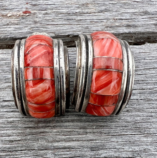 Vintage Zuni Red Spiny Oyster Inlay Half-hoop Post Earrings