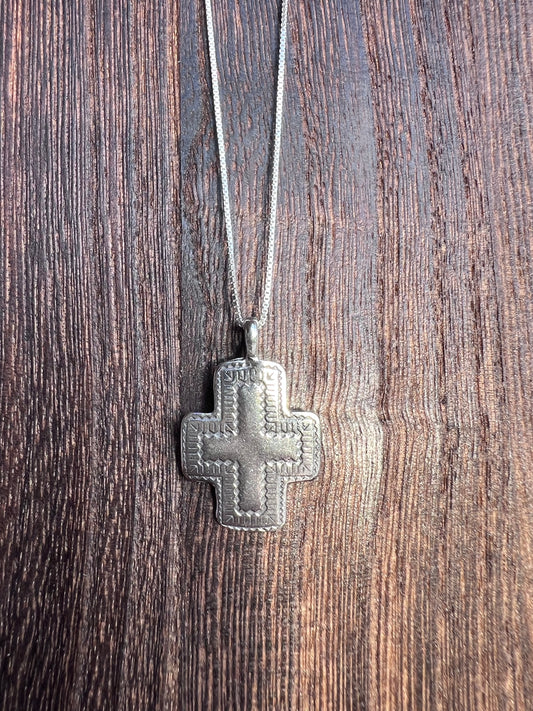Sterling Silver Cross Pendant & Sterling Box Chain Necklace 16”