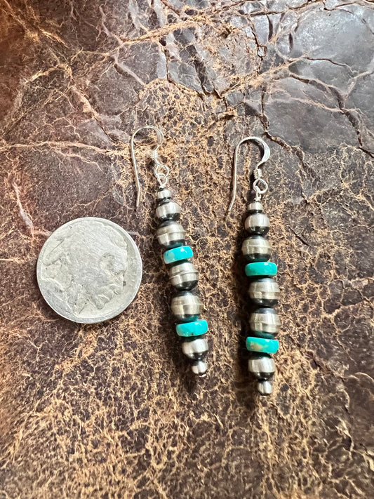 Sterling Silver & Campitos Turquoise Bead Dangle Earrings 2”