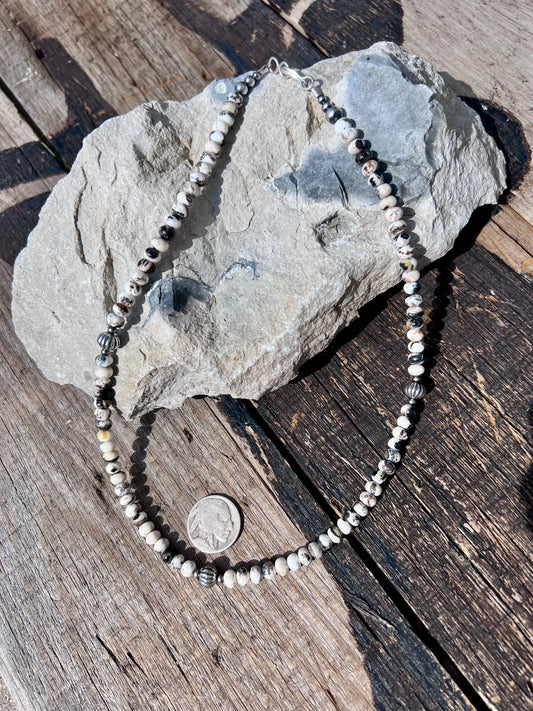 White Buffalo Rondelle Beads 6mm, Sterling Corrugated/round 3-8mm Necklace 19”