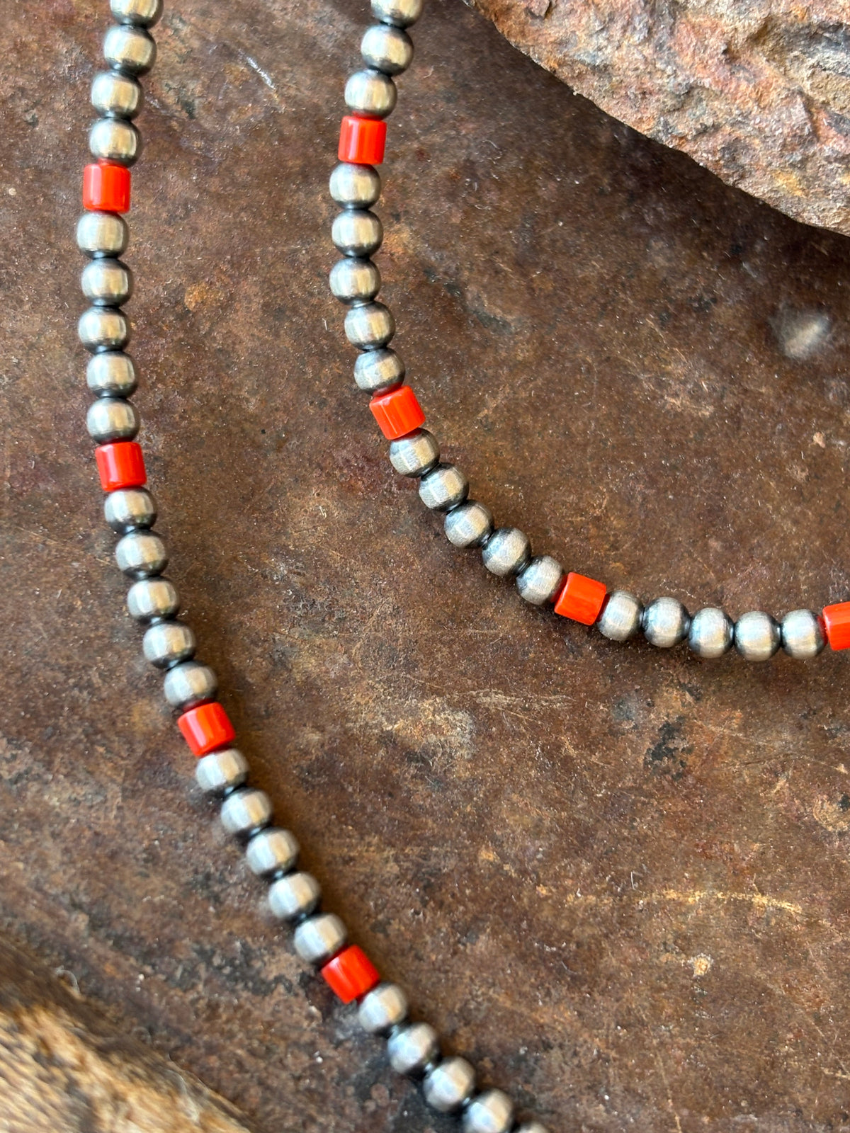 Sterling Silver & Red Coral 3mm Bead Necklace 14”-16” & Bracelet 7”-8” Set