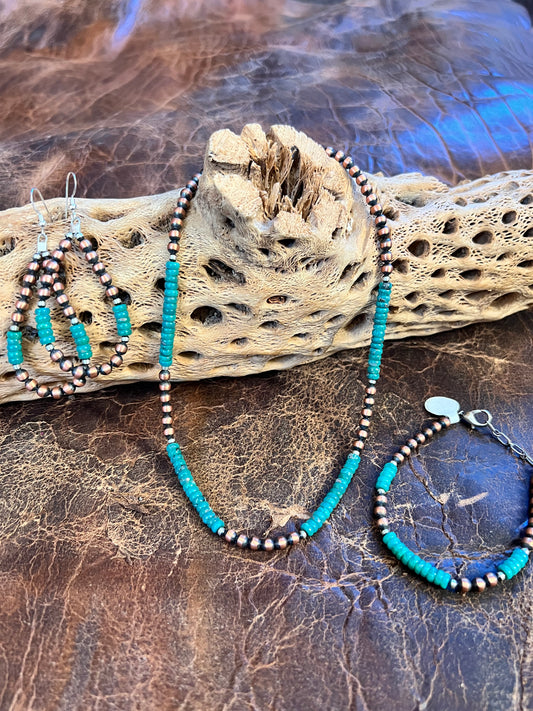 Copper Copper, Sterling & Tyrone Turquoise Bead 5mm Necklace 16”-18”, Bracelet 6-7” & Earrings 3” SET
