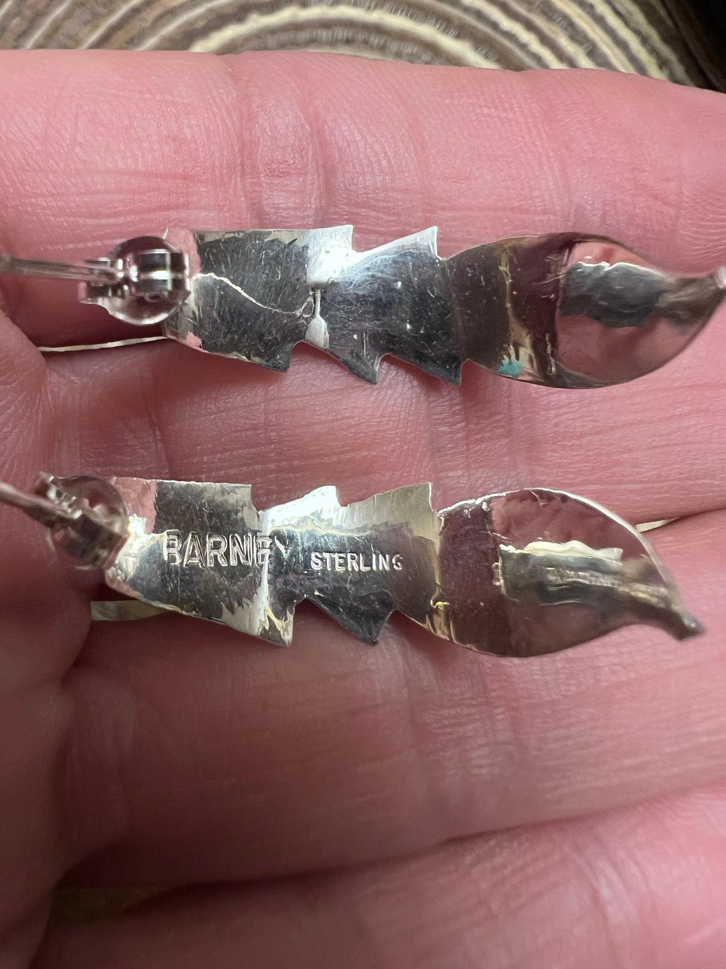 Native American Handmade by Barney. Sterling Silver & White Buffalo Half-hoop Post Earring 1”