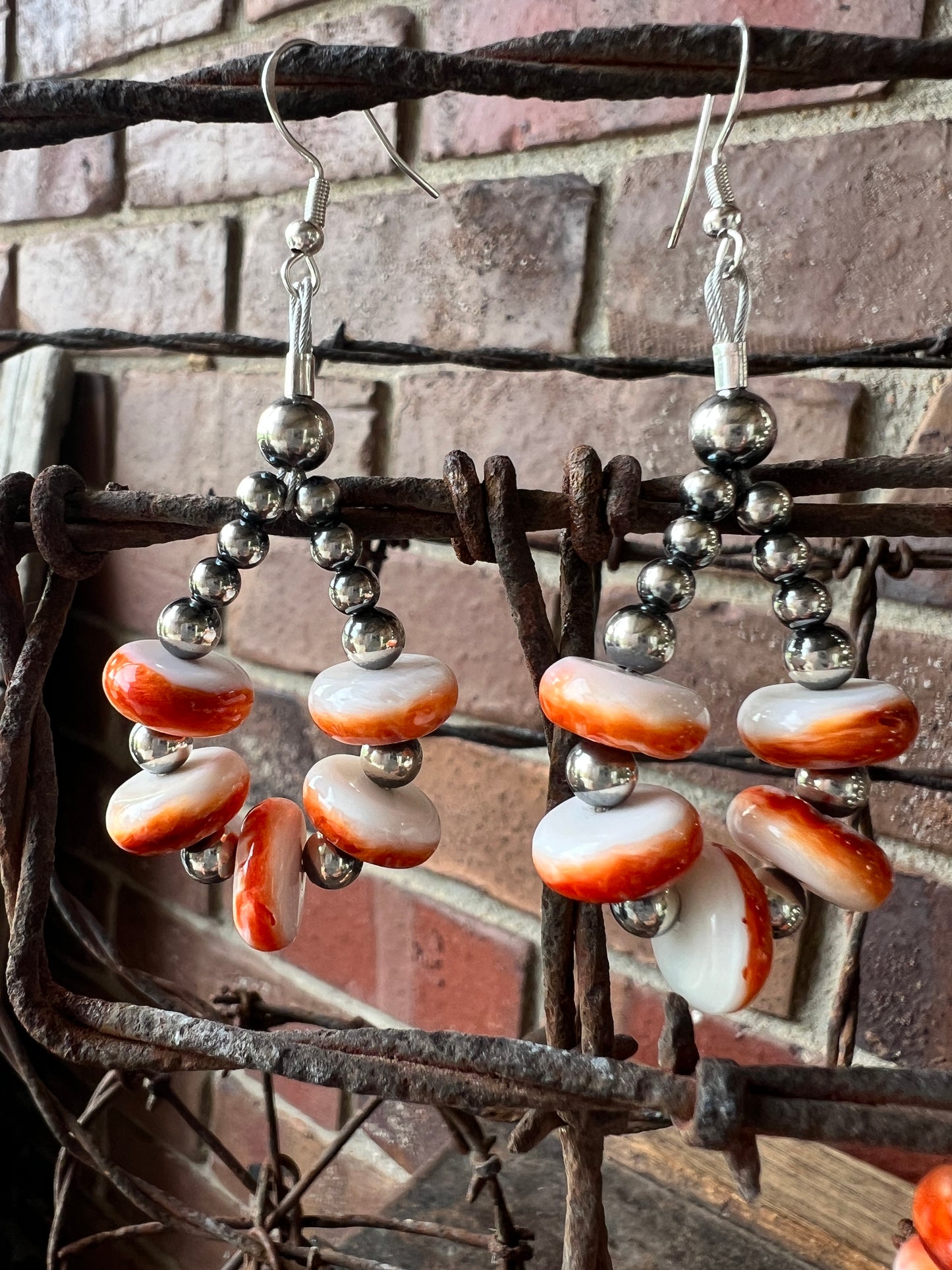 Orange Spiny Oyster & Sterling Bead Necklace 16.5”, Earrings & Bracelet Set