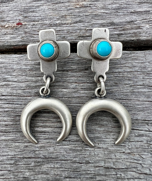 Handmade by Don Lucas!! Sterling Silver & Turquoise Santa Fe Cross Naja Post Earrings