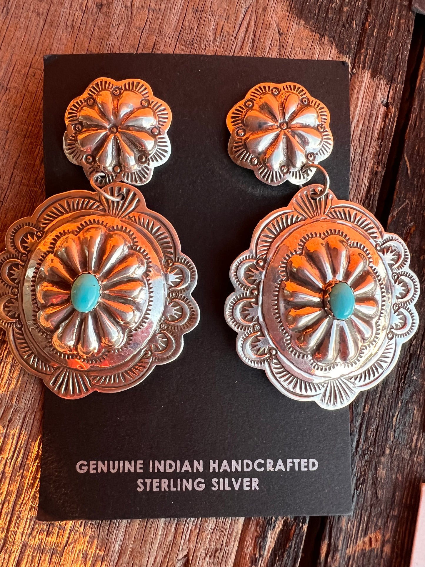 Handmade by GENEVIEVE BLACKGOAT- Sterling & Turquoise Concho Post Dangle Earrings