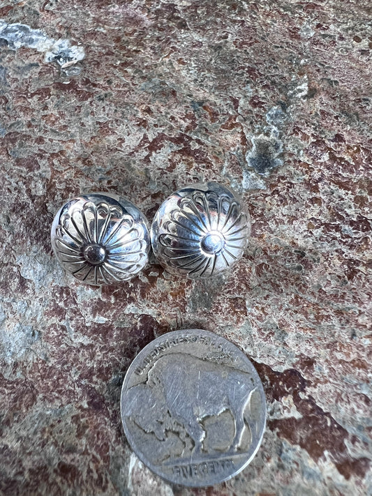 Native American Handmade by Marie Yazzie- Sterling Hollow Dome Concho Post Earrings 3/4”