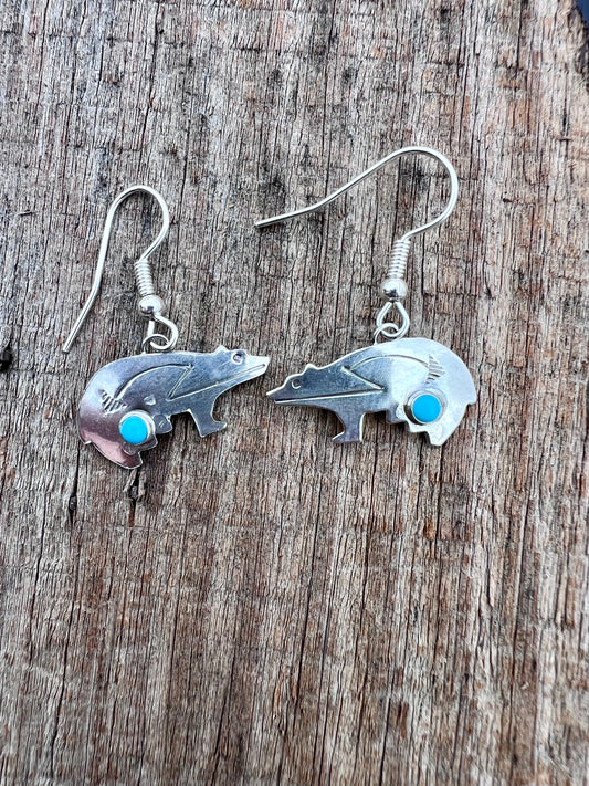 Native Navajo Handmade by Lucille Platero Sterling & Turquoise Bear Dangle Earrings 1.25”
