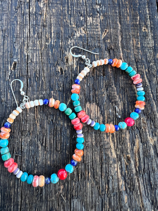Red/Orange Spiney, Lapis, Red Coral & Turquoise Beaded Hoop Dangle Earrings 3” length