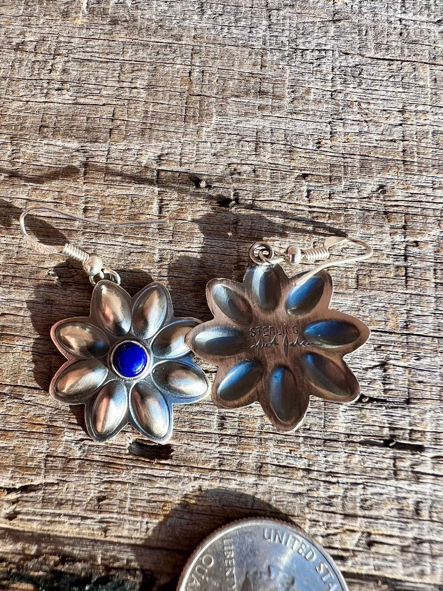 Navajo Handmade by Robert Johnson Sterling & Lapis Repousse’ Daisy Dangle Earrings