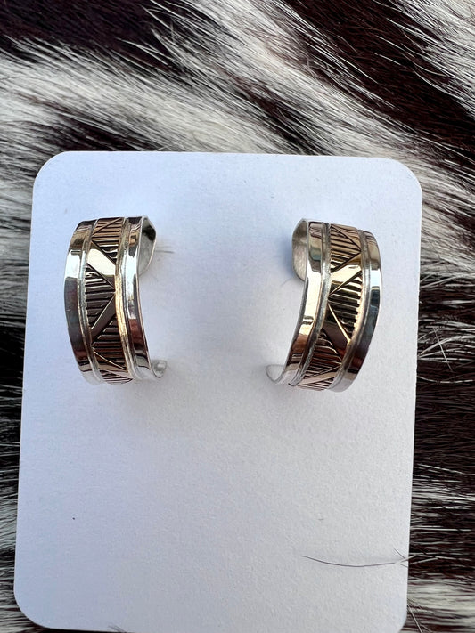 Native American Handmade Sterling w/Goldtone Overlay Southwest Design Small Post Hoop Earrings 1/2”