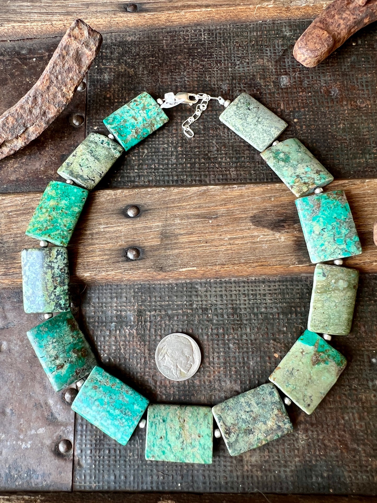 Chunky Southwest Handmade Turquoise Flat Rectangle Bead & Sterling bead Necklace 18”-20”