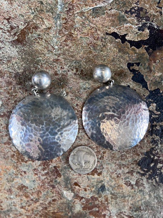 Vintage Mexico Sterling Silver Hammered Dangle Post Earrings 3” Length