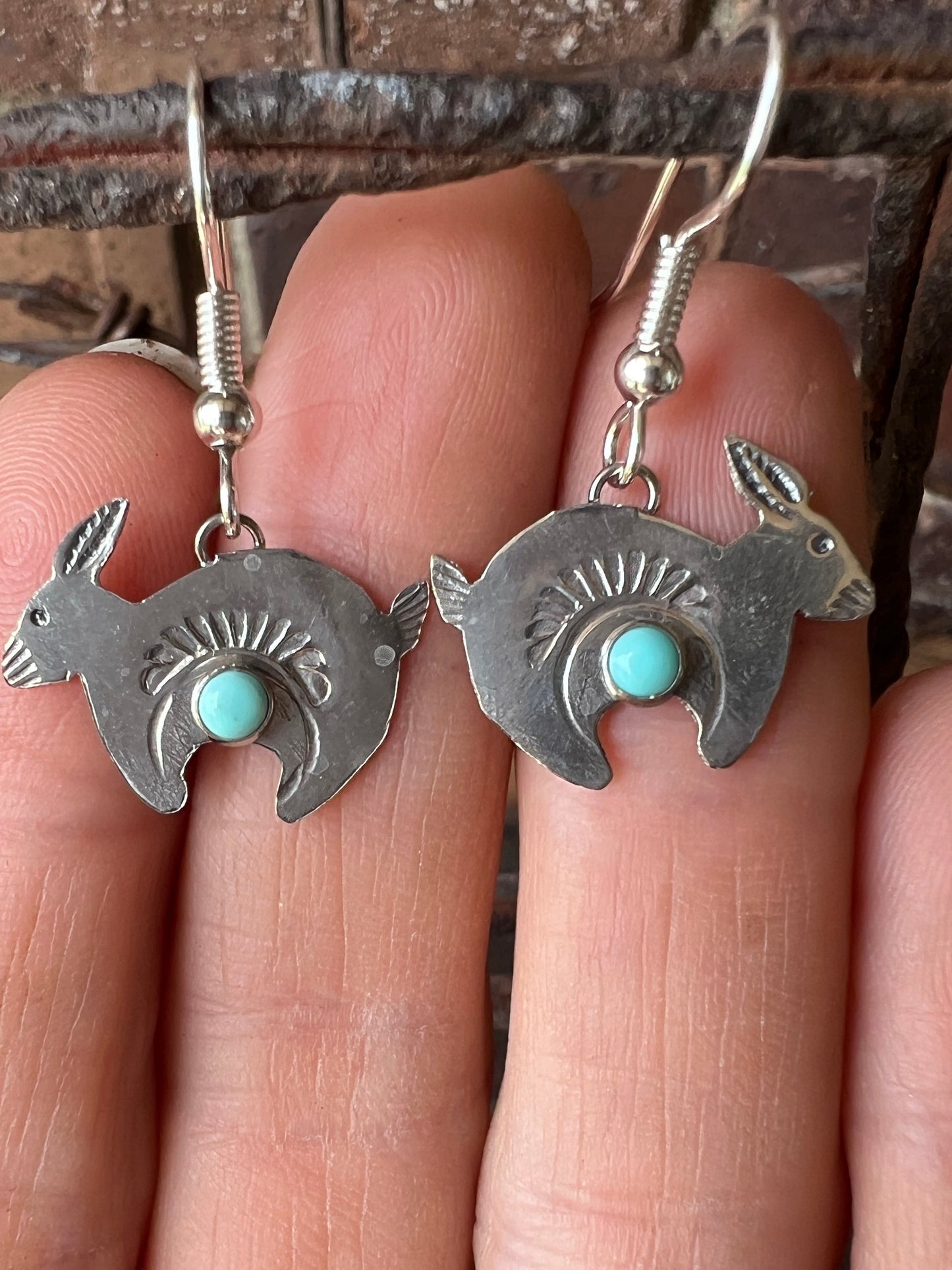 Dainty Handmade by Lucille Platero (Navajo) Turquoise & Sterling Silver Rabbit Earrings 1.25” Length