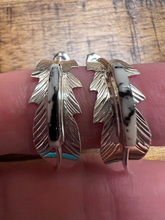 Native American Handmade by Barney. Sterling Silver & White Buffalo Half-hoop Post Earring 1”