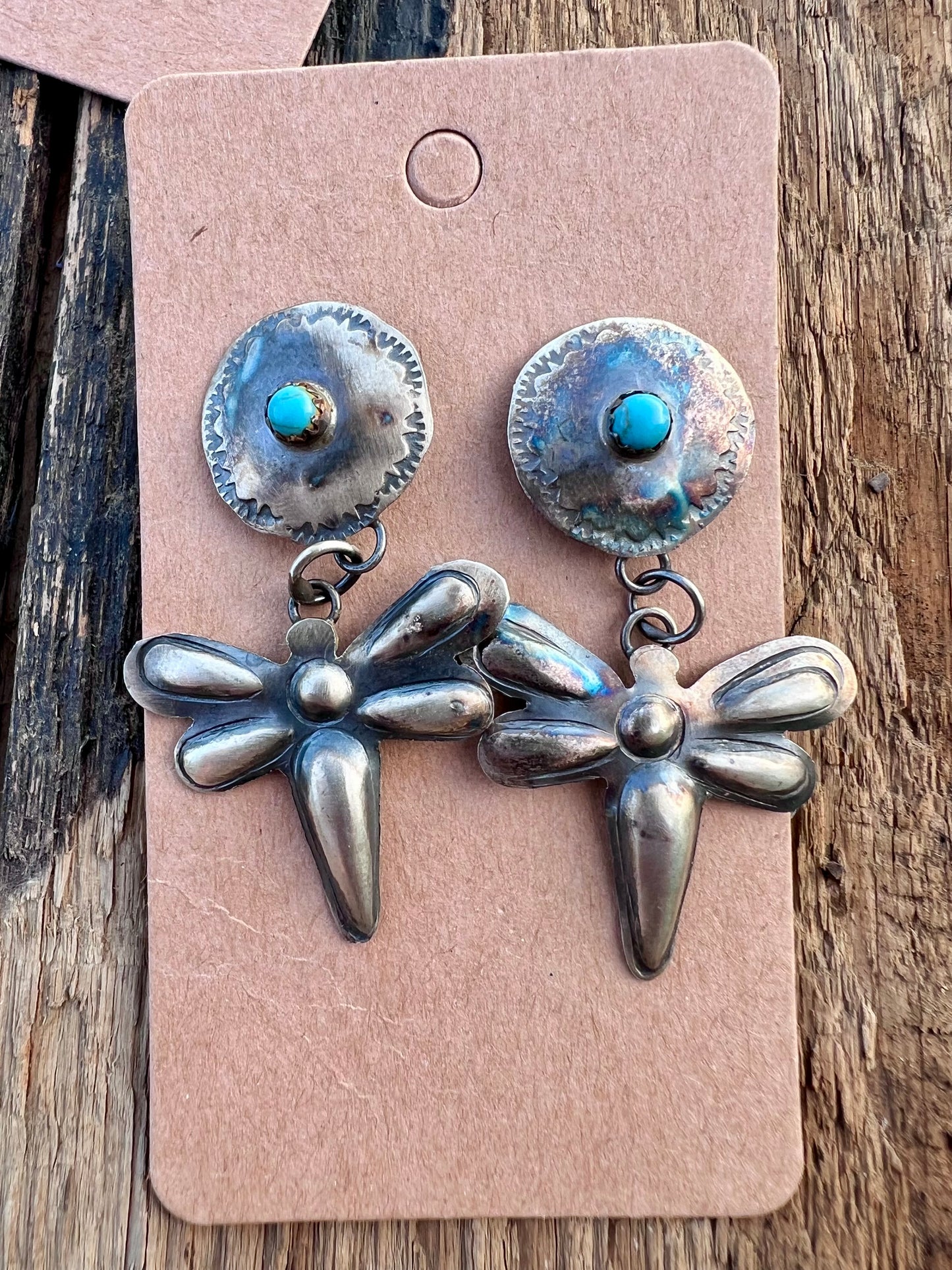 Navajo Handmade Leslie Yazzie Sterling & Turquoise Firefly Earrings.