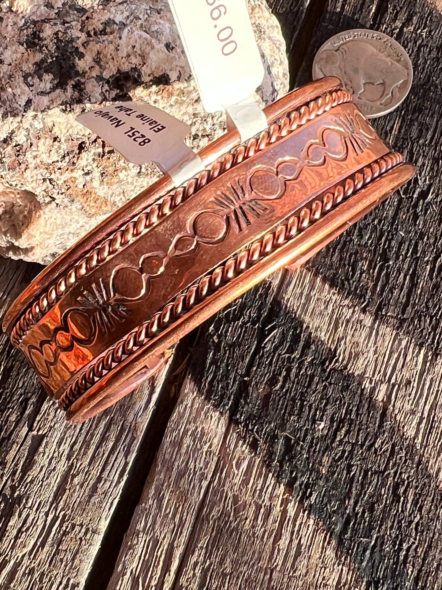 Handmade by Elaine Tahe Copper Stamped Cuff Sz 7.25”