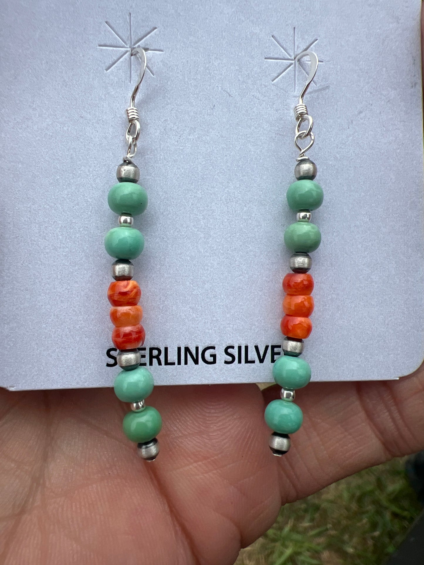 Southwest Sterling, Orange Spiny & Turquoise Dangle Earrings