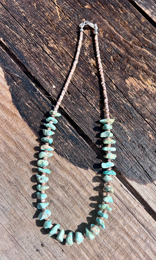 Handmade Chunky Campitos Turquoise Nugget (13mm) & Olive Shell Heishi (3mm) Necklace 18” w/Sterling Clasp & Beads
