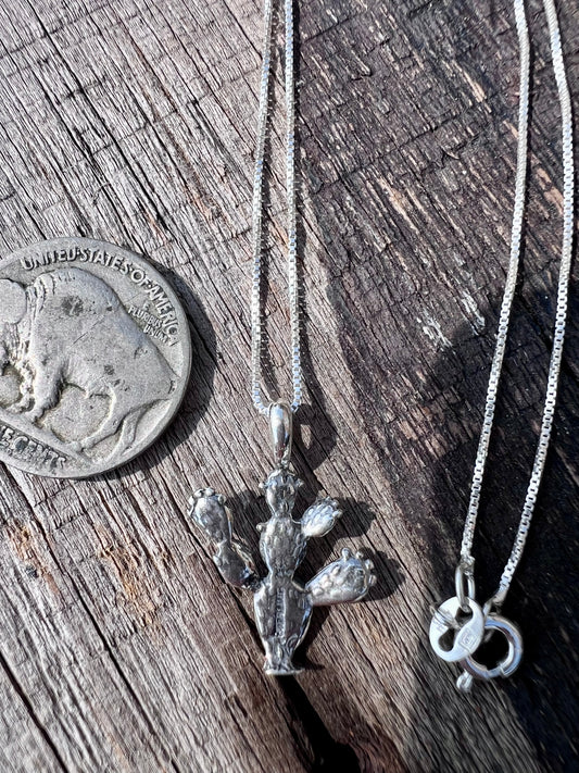 Sterling Silver Cactus Pendant & Box Chain Necklace 16”