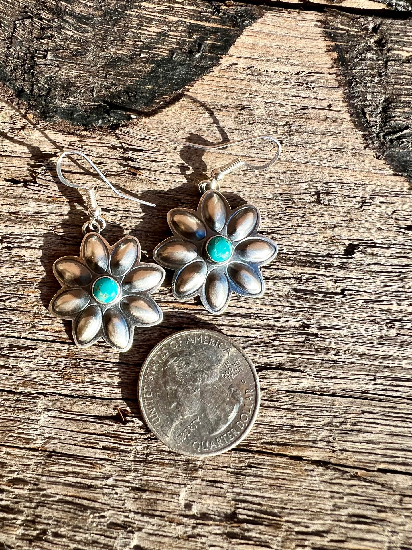 Handmade by Robert Johnson Sterling & Sleeping Beauty Turquoise Repousse’ Daisy Dangle Earrings