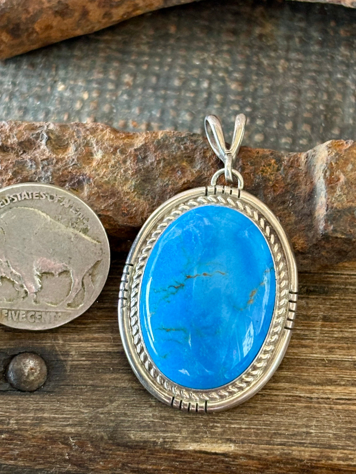 Native Handmade by Eddie Secatero- RARE! Ceruleite & Sterling Silver Pendant