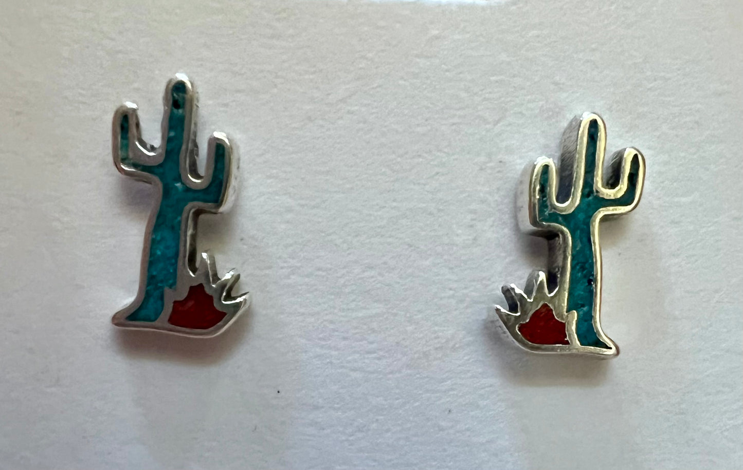 Sterling & Chip inlay Red Coral & Turquoise Cactus Post Earrings 1/2”