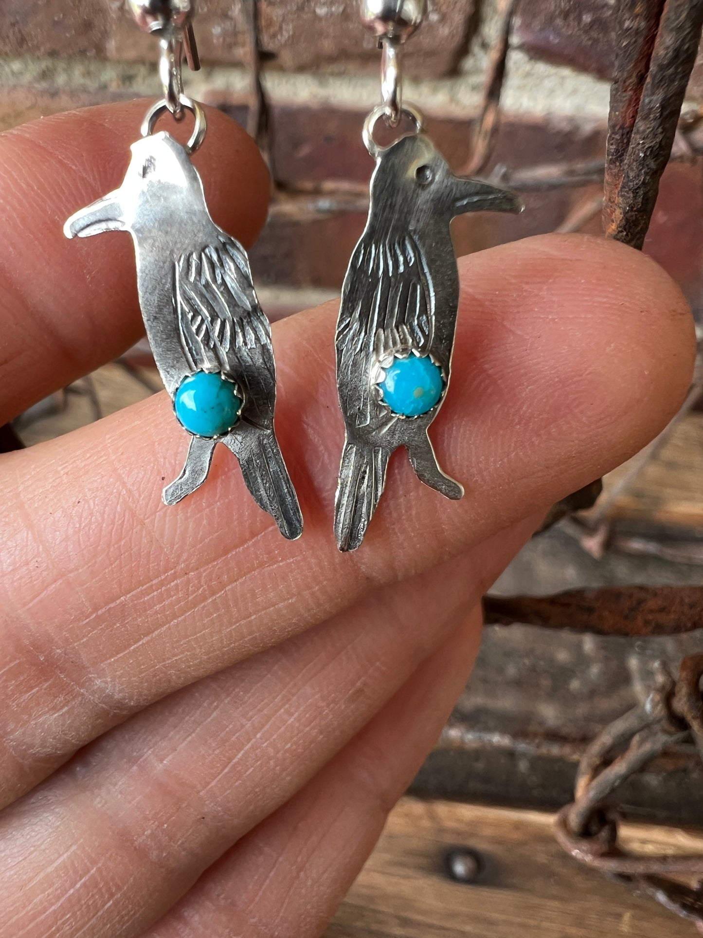 Dainty Handmade by Lucille Platero (Navajo) Turquoise & Sterling Silver Crow Earrings 1.5” Length