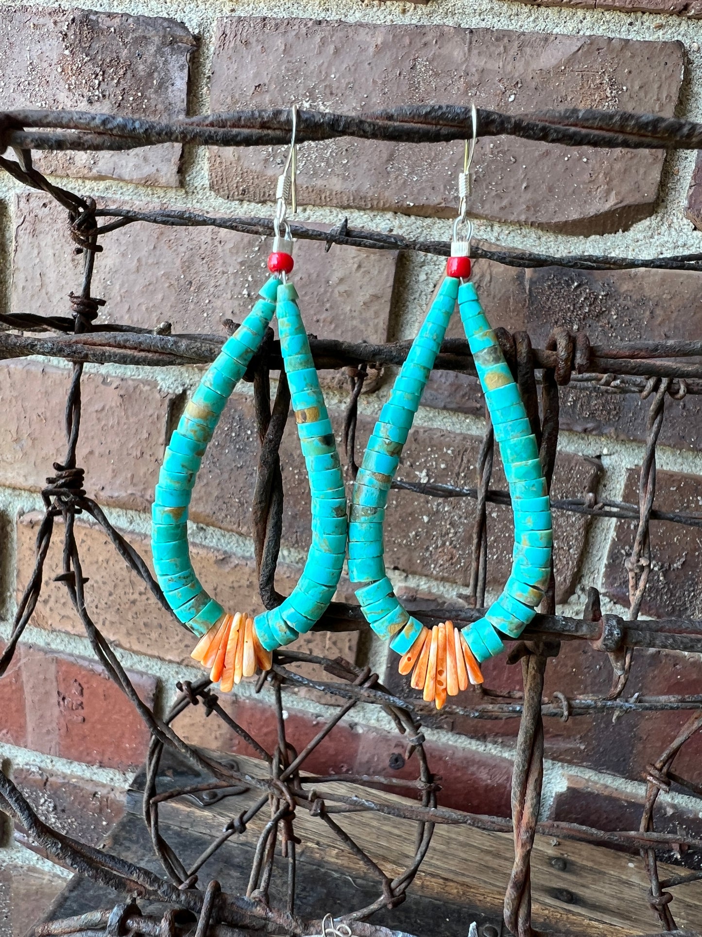 Handmade by Lupe Lovato, JACLA EARRINGS Kingman Turquoise, Orange Spiny Oyster & Coral 3.5”