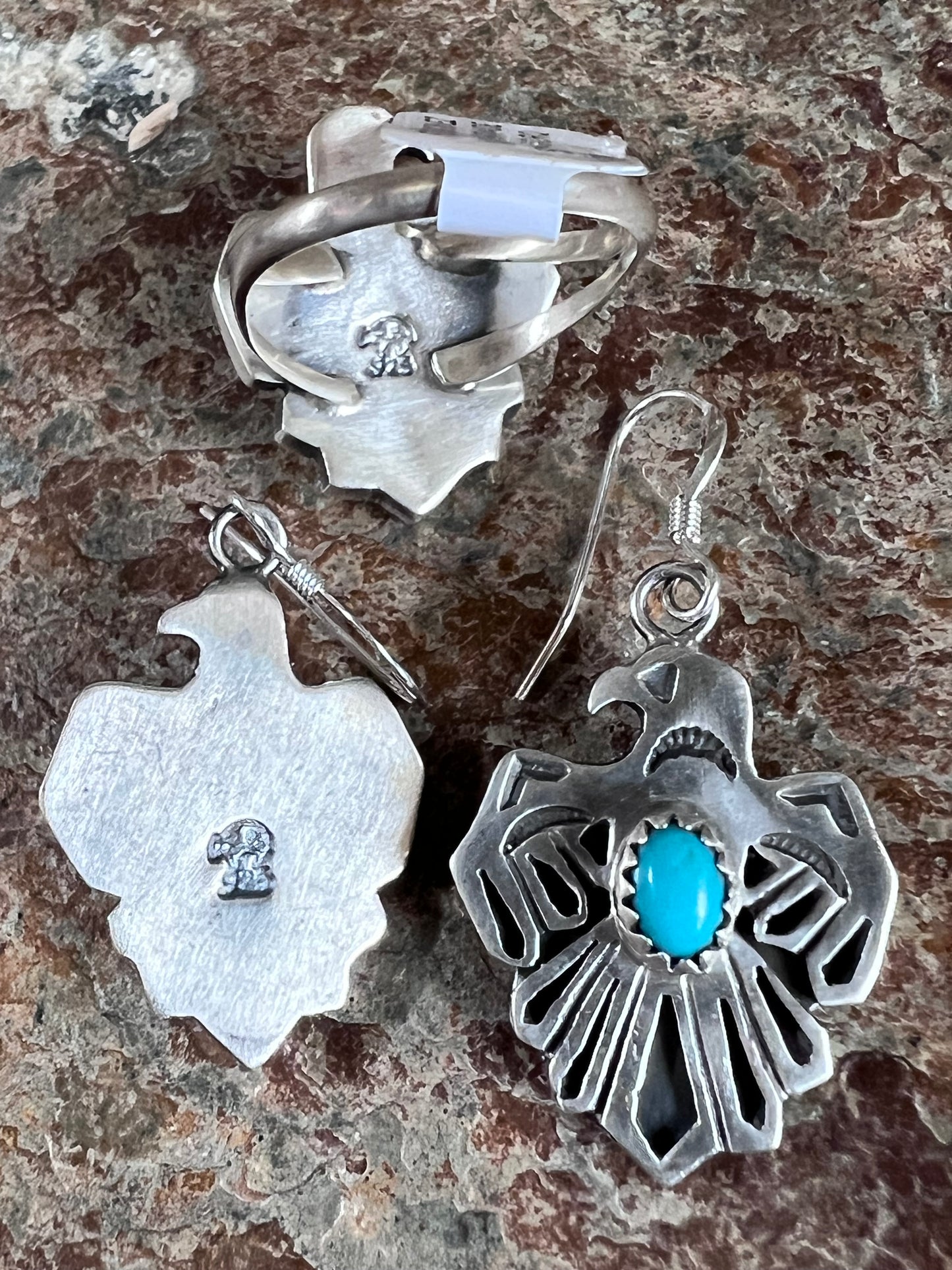 Navajo Handmade by Robert Martinez-  Sterling & Turquoise Thunderbird Dangle Earrings 1 6/8” & Ring Set Sz 8