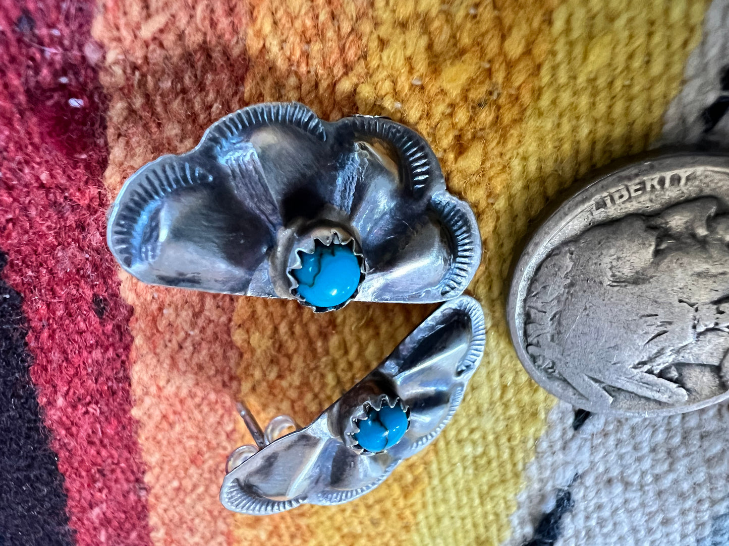 Native Handmade by Joann Begay Sterling & Turquoise Half Cluster Scalloped Repousse Post Earrings 3/4” x 1/2”