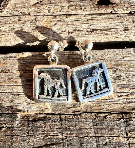 Sterling Silver Horse Storyteller Post Earrings- Navajo Handmade