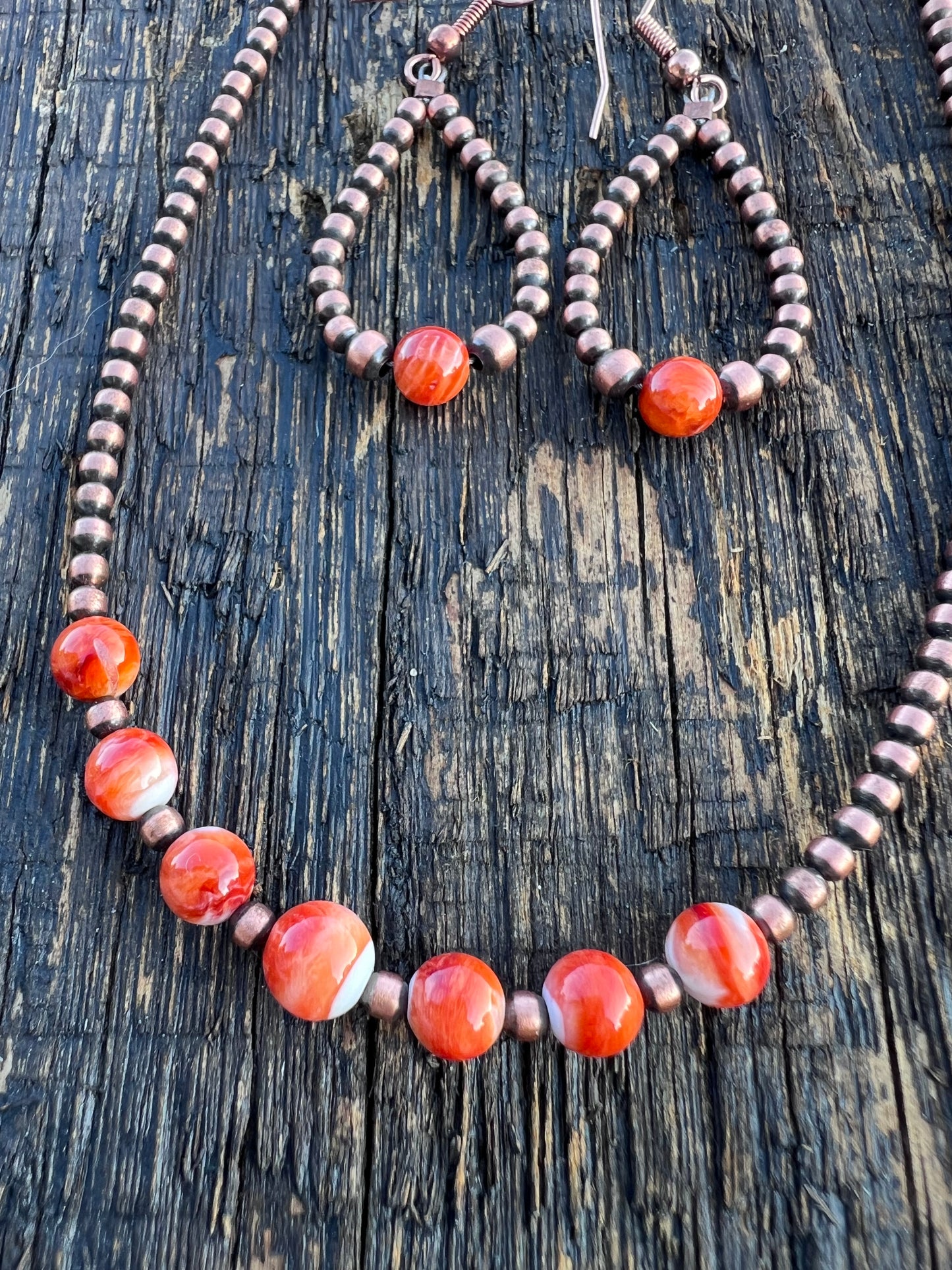 Copper Oxidized 3mm & Orange Spiney 6mm Bead Necklace 14-16” & Earrings 2”