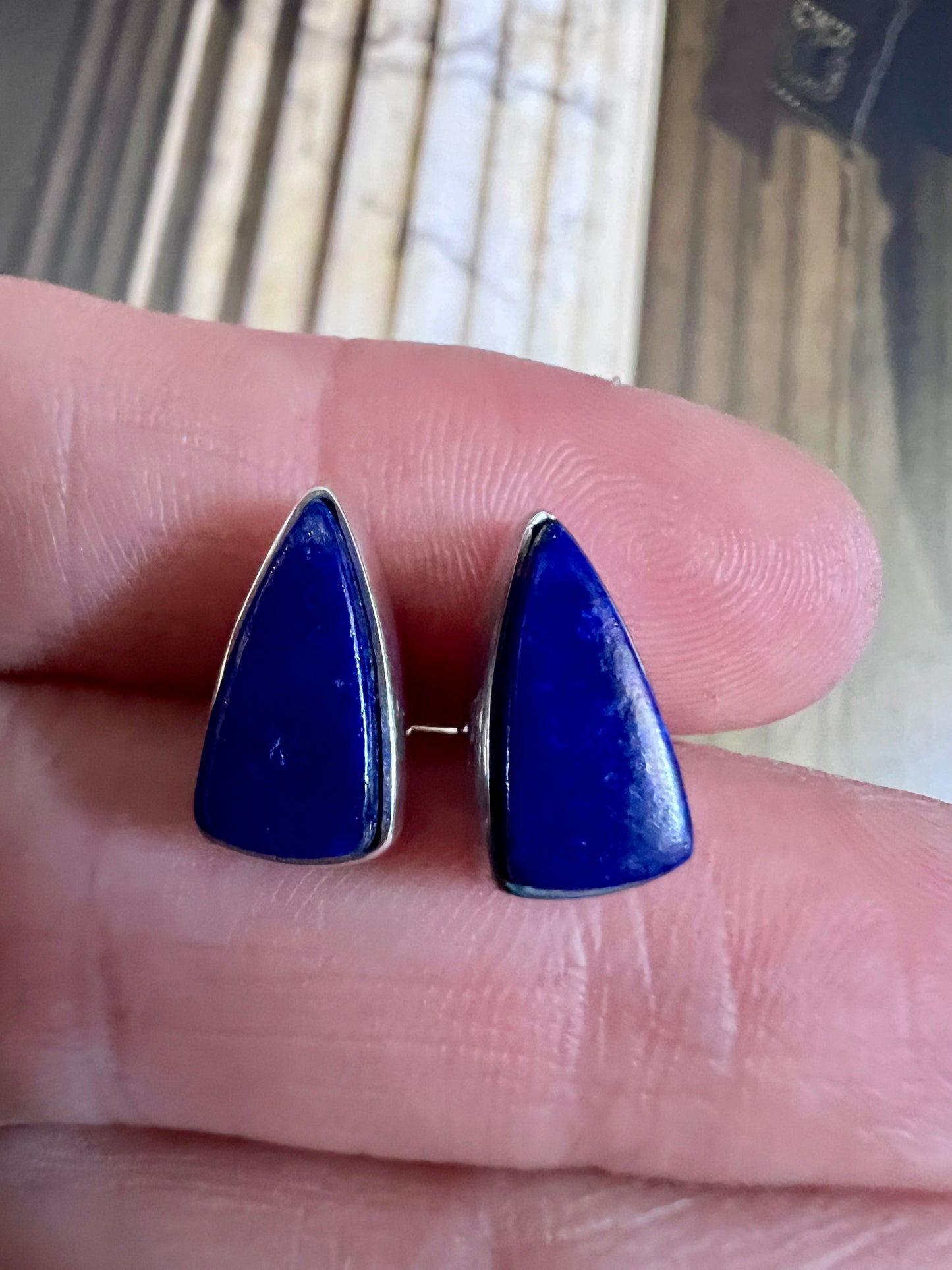 Lapis & Sterling Triangle Post Earrings 1/2”