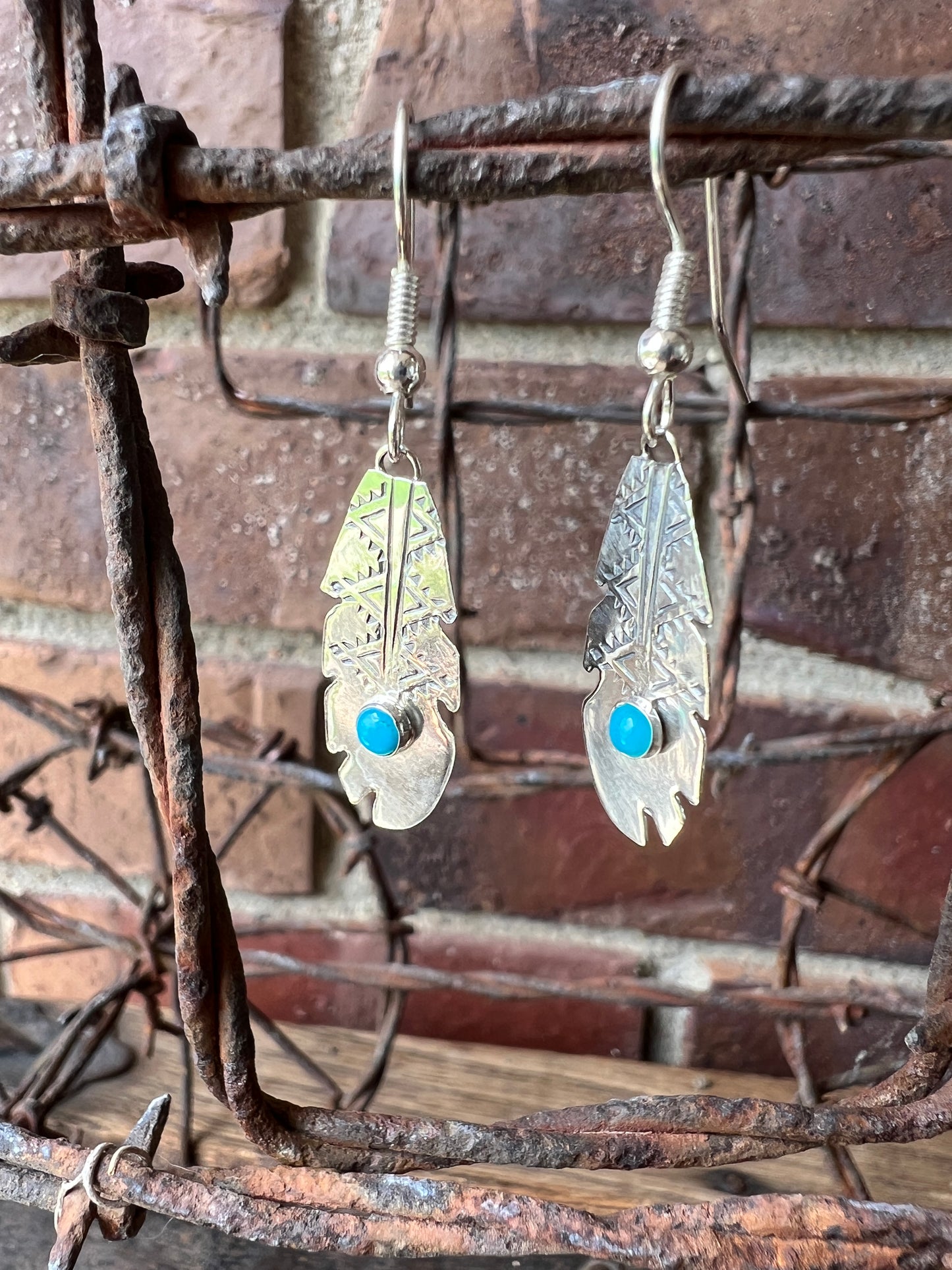 Dainty Handmade by Lucille Platero (Navajo) Turquoise & Sterling Silver Feather Earrings 1 3/4” Length