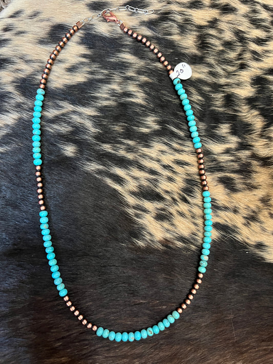 Genuine Copper Bead (4mm) & Campitos Turquoise Bead (5mm) Necklace 20”-22”