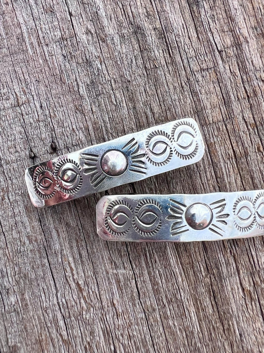 Native American Handmade by Bertha Begay- Sterling Silver Stamped Barrette Set 1.75” x 3/8”