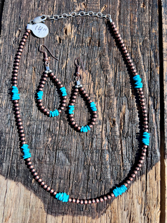 Copper & Sleeping Beauty Turquoise 3-4mm Beaded Necklace 14-16” & Earrings 2.25” Set