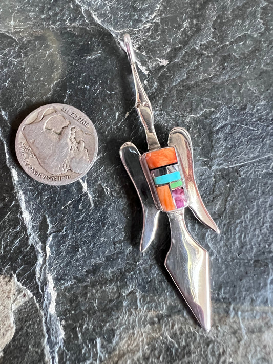 Native American Handmade by Joseph Martinez Sterling, Orange, Purple, Gaspeite & Turquoise Inlaid Peyote Bird Pendant