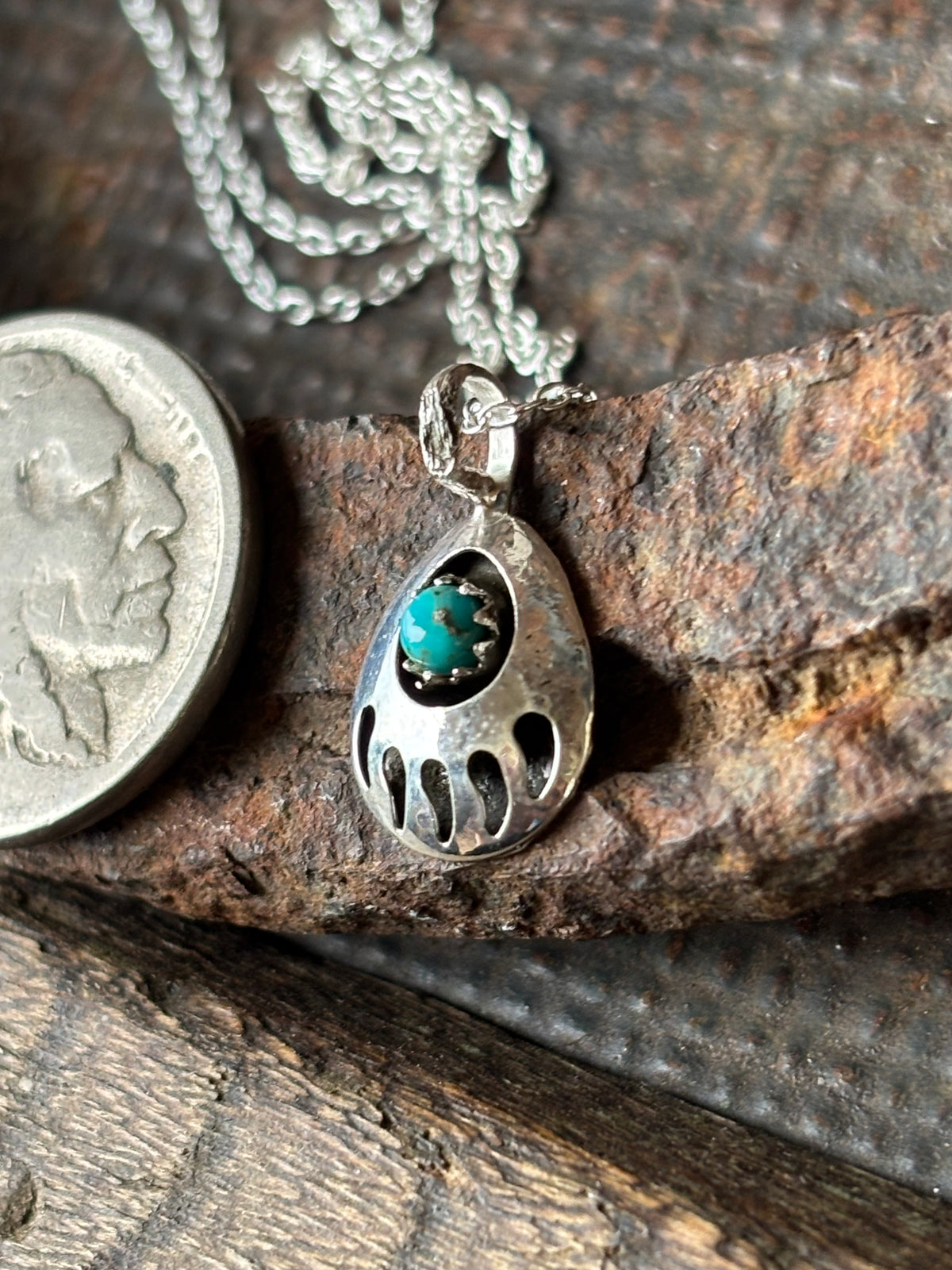Dainty Sterling Bear Paw Turquoise Pendant Necklace 18”