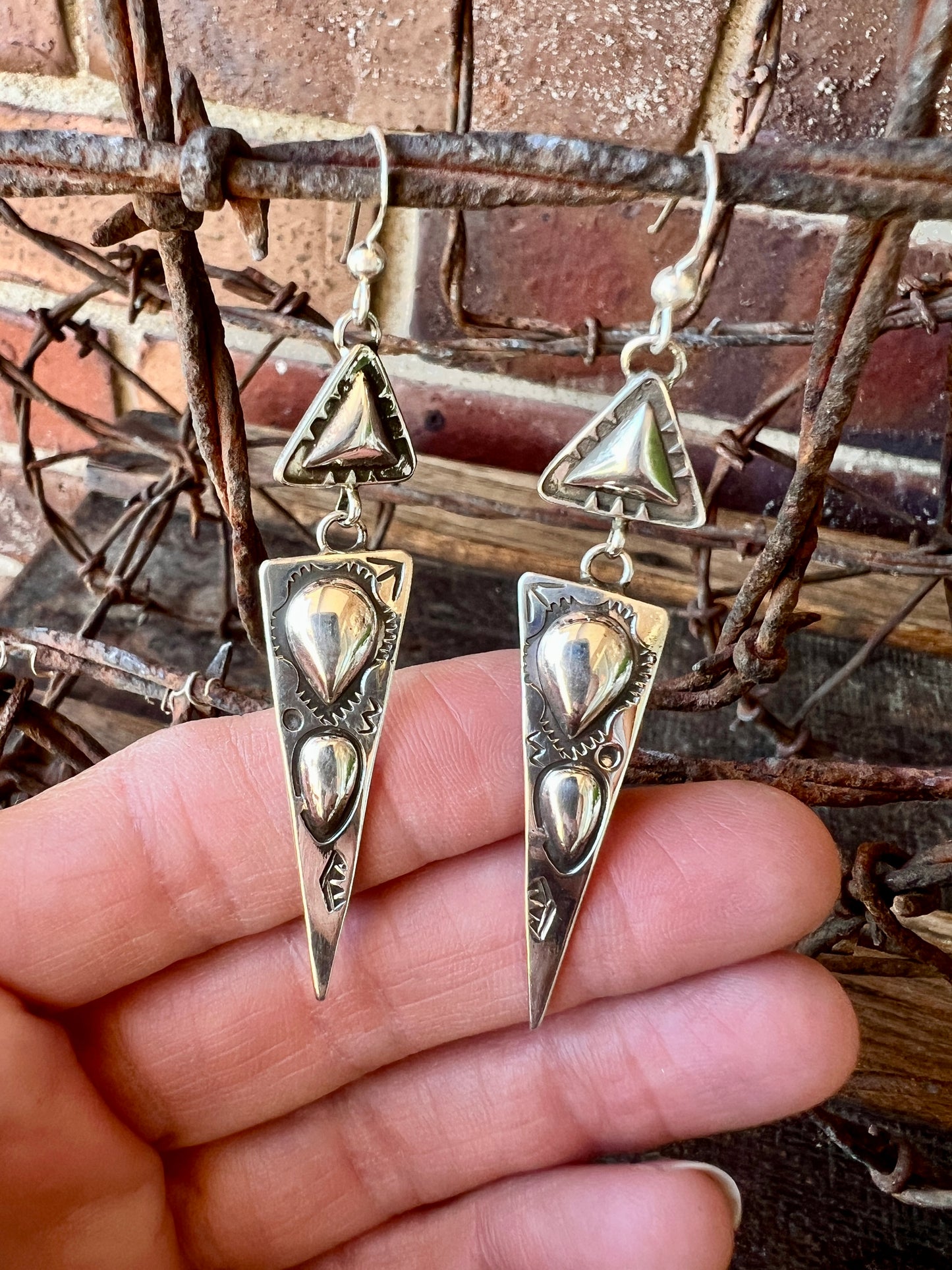 Navajo Handmade by Dakota Willie. Sterling Silver Stamped Repousse Dangle Earrings 2.75”