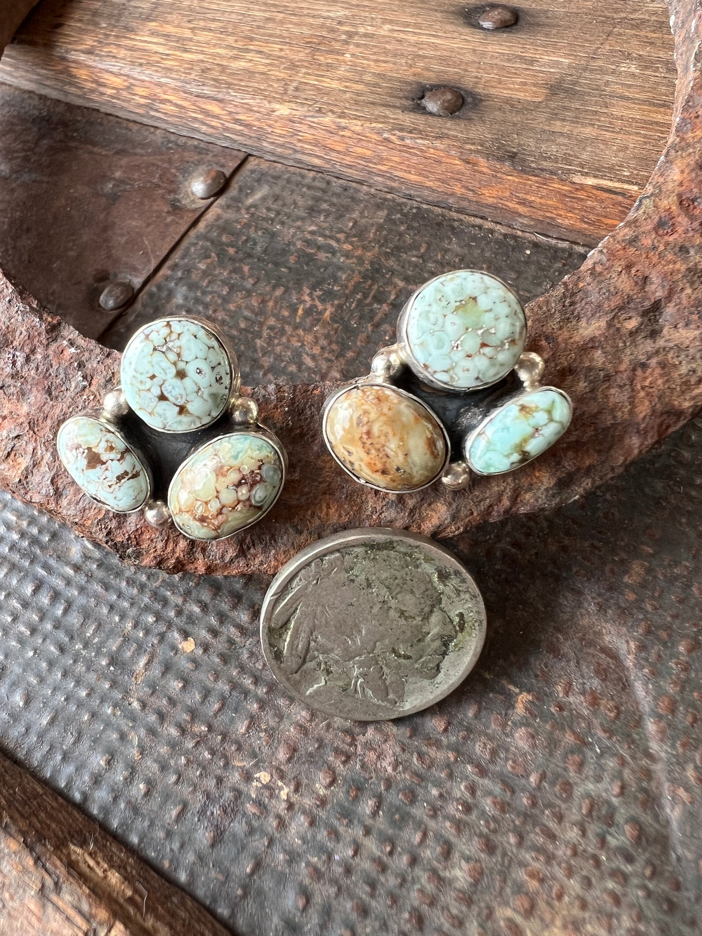 Navajo Handmade by Randall Endito *Dry Creek Turquoise & Sterling Cluster Post Earrings