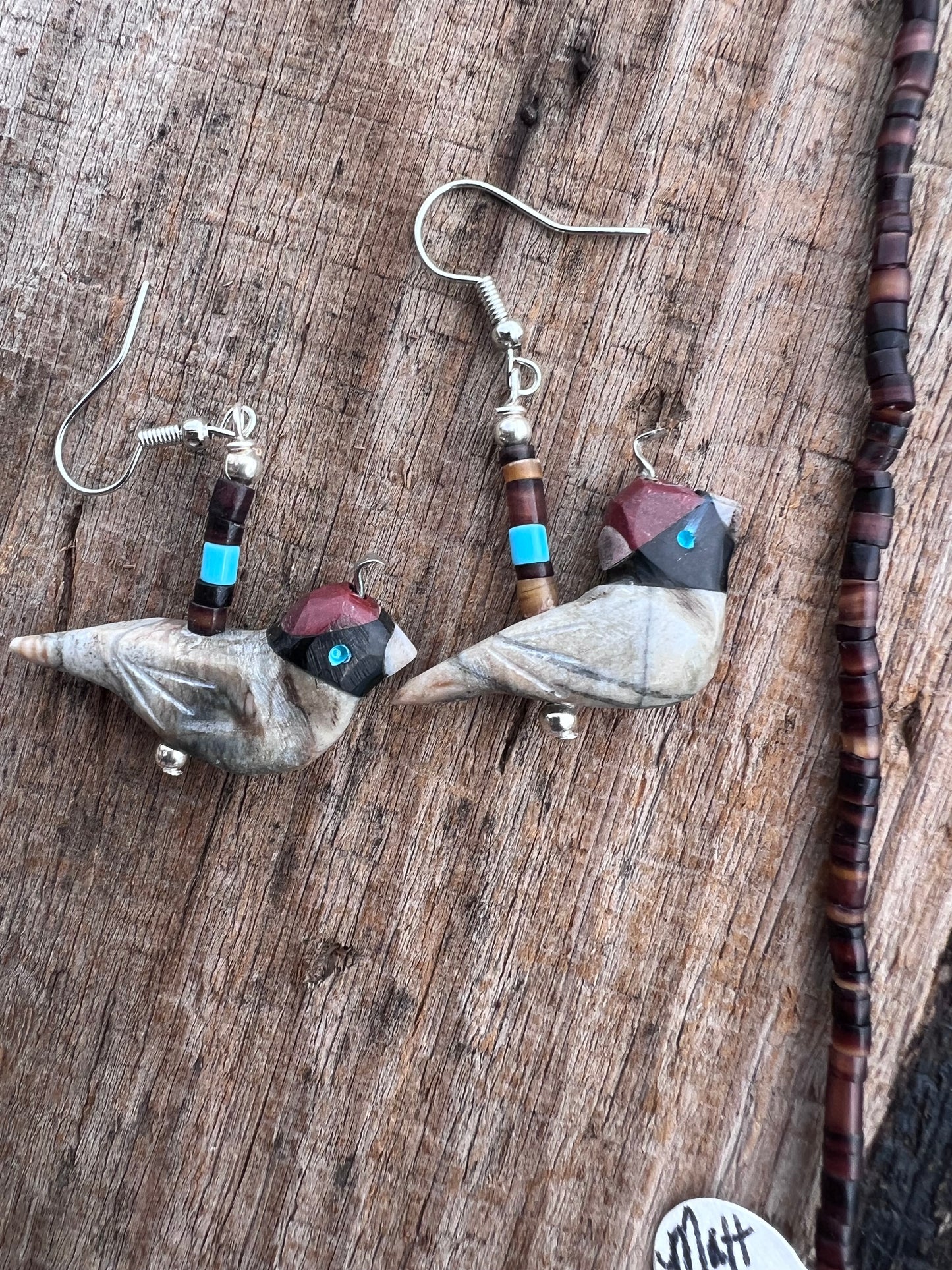 Matthew Mitchell Handmade Jasper Quail Fetish Earrings & Necklace 24”