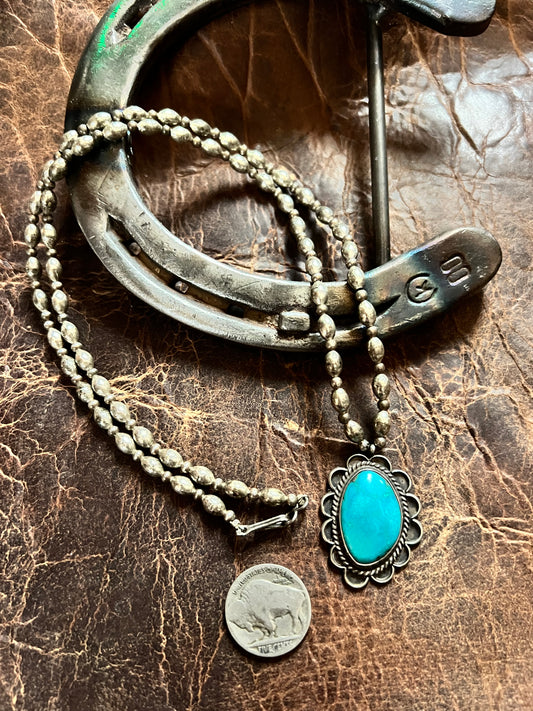 Vintage Sterling Silver Navajo Handmade 24” Bead Necklace & Turquoise Pendant 1.3”x1”