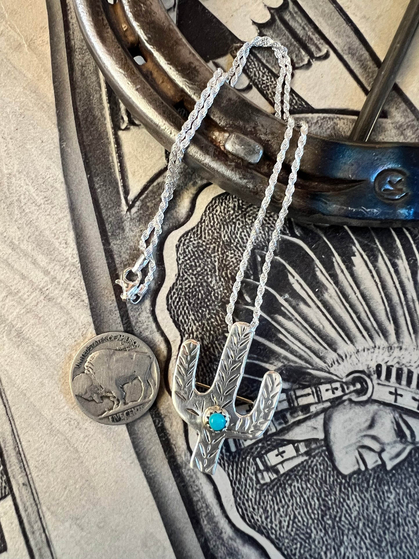 Navajo Handmade Sterling Silver & Turquoise Cactus Pin/Pendant on 16” Sterling Rope Chain